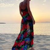 Maxikleid im Vintage-Stil mit Blumenmuster und Wasserfallausschnitt - Schwarz